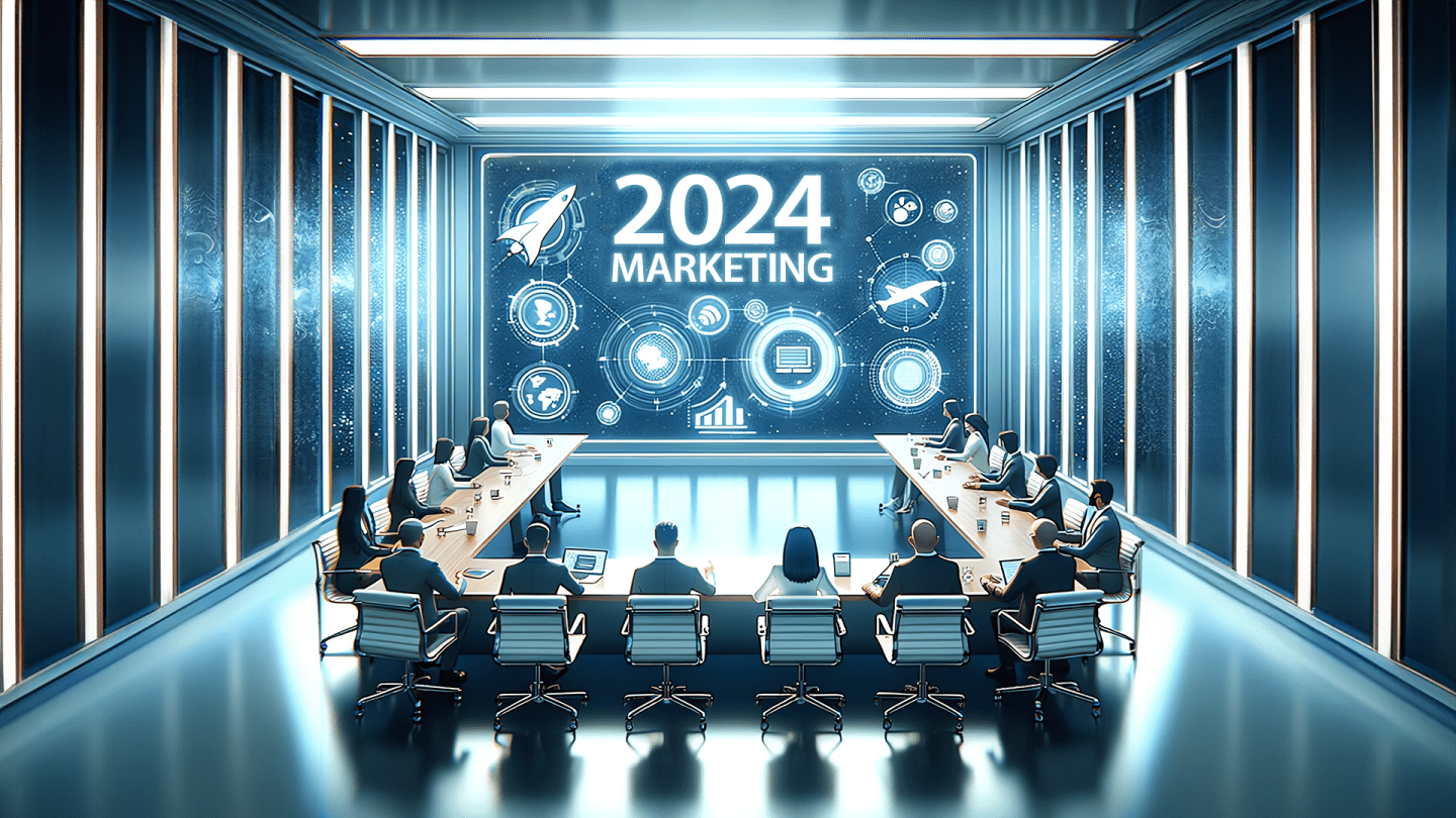 Illustration de professionnels dans une salle de conférence marketing de 2024 située dans une station spatiale.
