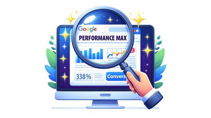 Illustration d'une loupe devant un écran d'ordinateur qui affiche des statistiques concernant les campagnes publicitaires de type Performance Max.